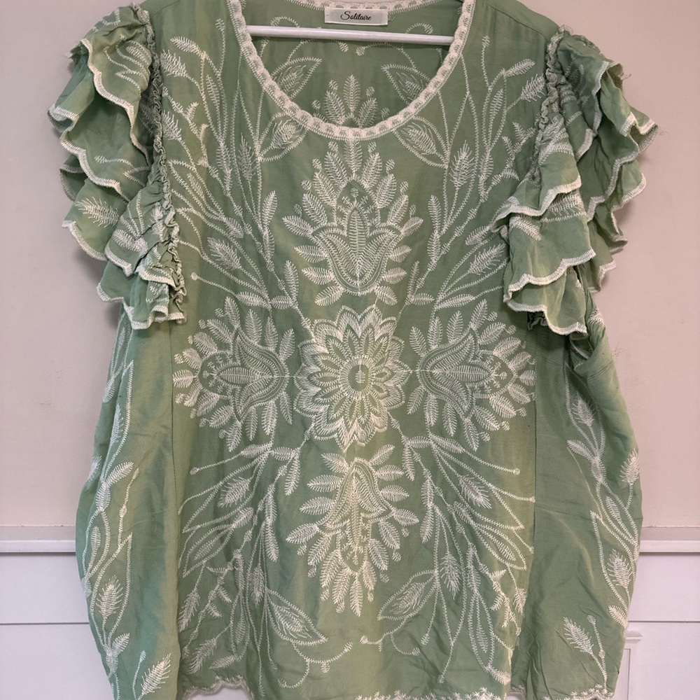 Size 2X - Solitaire Sage Green Blouse with White Embroidery